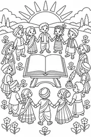 Children holding hands around an open book