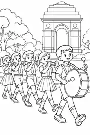 School band marching past a memorial arch