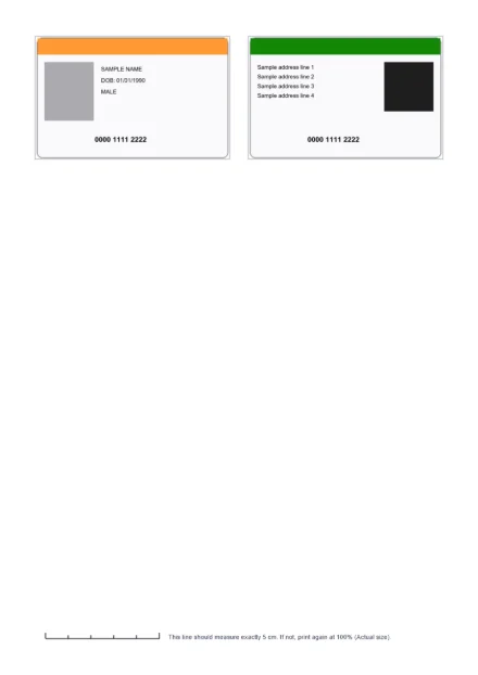 Sample A4 page with the front and back of an ID card side by side at card size