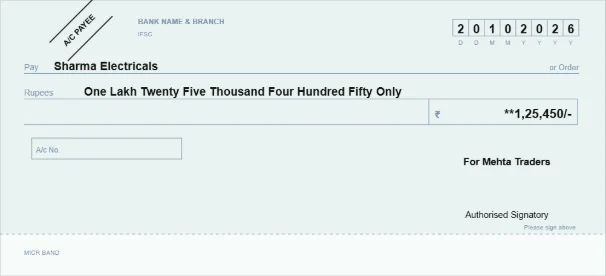 Sample cheque leaf filled with payee, amount in words, figures, date and A/C PAYEE crossing