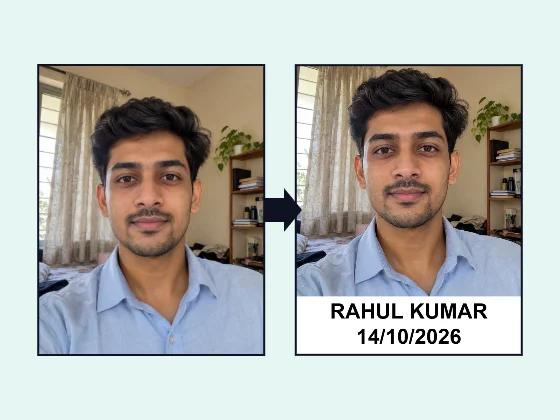 Sample: a passport-style photo with the name and the date printed in a white strip below it