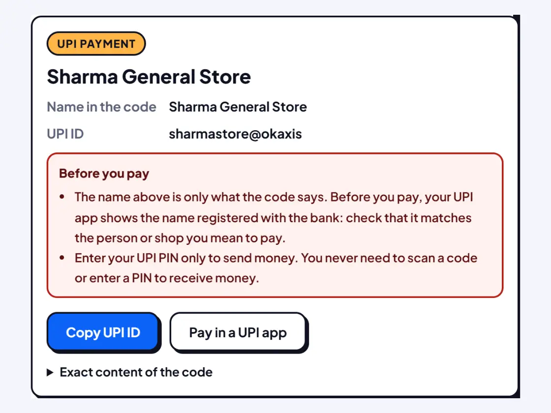 Sample result: a UPI QR code showing the payee name, UPI ID and a reminder to check the name before paying
