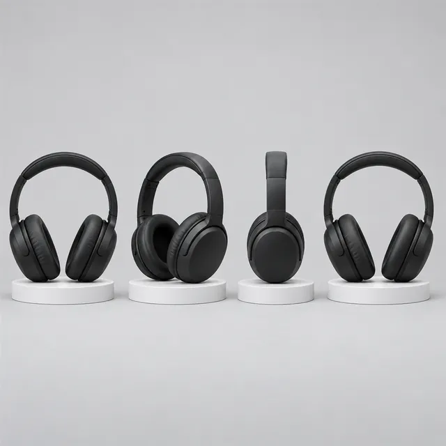 Four views of the same matte-black wireless headphones, front, side, back and other side, in a row on a light-grey background