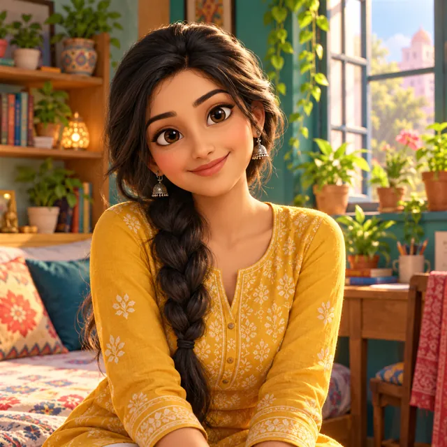 3D cartoon-style young Indian woman in a mustard kurta smiling in a bright room full of plants and books