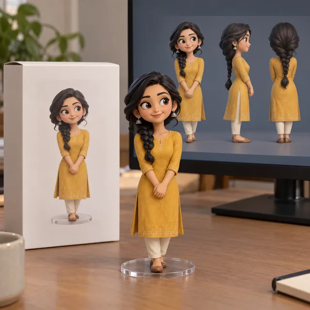 Collectible figurine of a woman in a mustard kurta on a clear base, beside its plain box and a monitor showing the 3D model