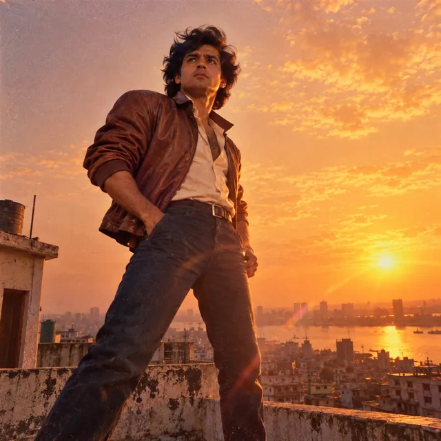 1980s action-film style shot of a man in a leather jacket on a city rooftop at sunset, with lens flare and film grain