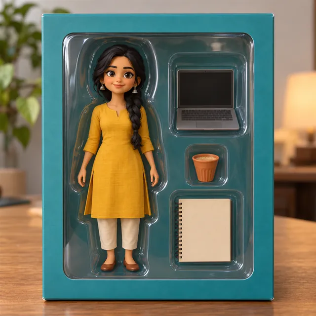 Toy figure of a young woman in a mustard kurta in a plain teal blister box with a tiny laptop, kulhad and sketchbook