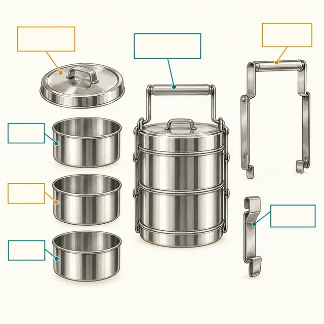 Diagram of a steel tiffin box with its lid, three tiers, handle and clip laid out around it, linked to blank label boxes