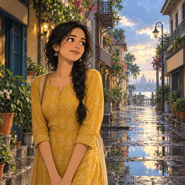 Anime-style painting of a young woman in a mustard kurta on a rain-washed lane with balconies and potted plants