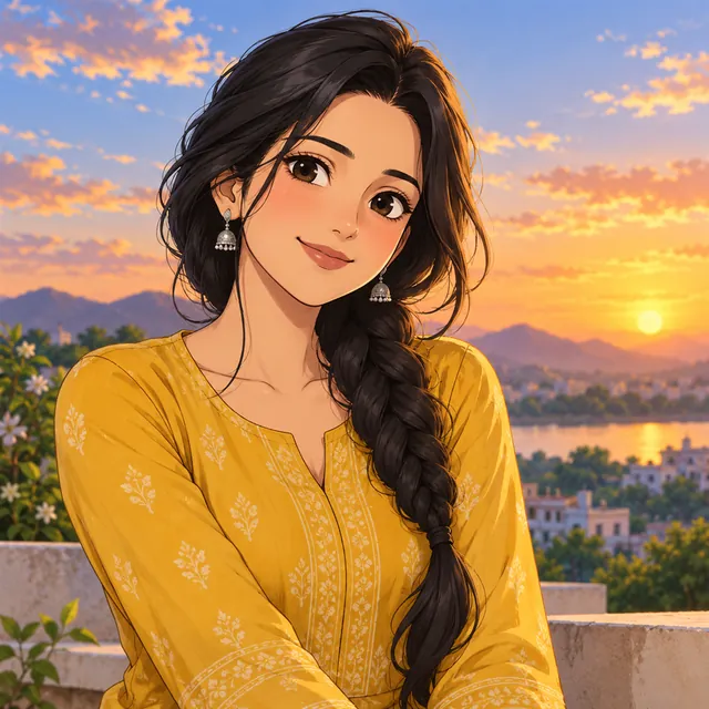 Hand-drawn anime-style illustration of a young Indian woman in a mustard kurta on a sunny, tree-lined street