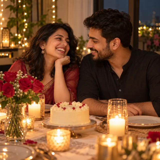 Indian couple laughing at a candle-lit dinner table with a small white cake, red roses and fairy lights