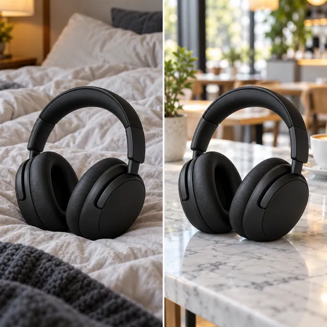Split image of the same black headphones, on a rumpled bed on the left and on a marble café table on the right