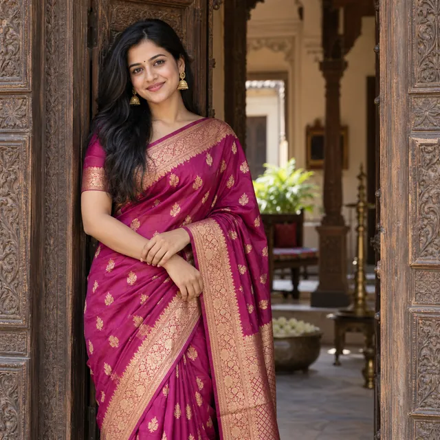 Young woman in a magenta Banarasi silk saree with gold zari work, standing in a carved wooden haveli doorway