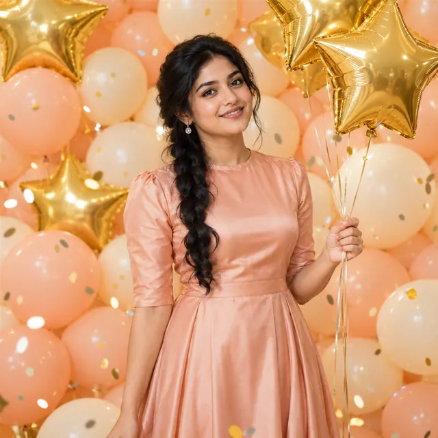A young Indian woman standing in front of a wall of pastel peach and cream balloons, holding gold foil star balloons.