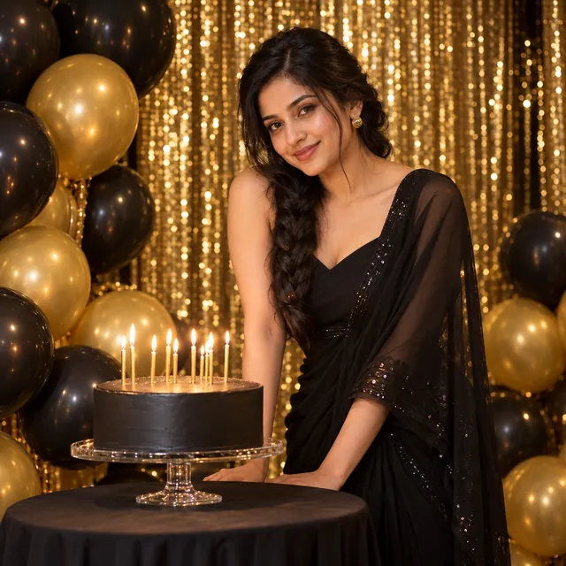 Woman in a black saree beside a black cake with lit candles, black and gold balloons and a gold sequin backdrop