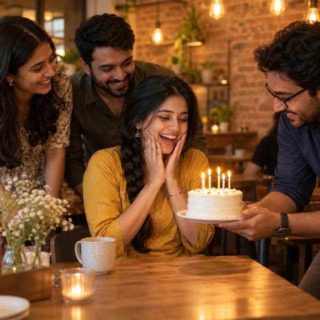 Woman in a mustard kurta laughing in surprise as adult friends bring a candle-lit cake to her café table