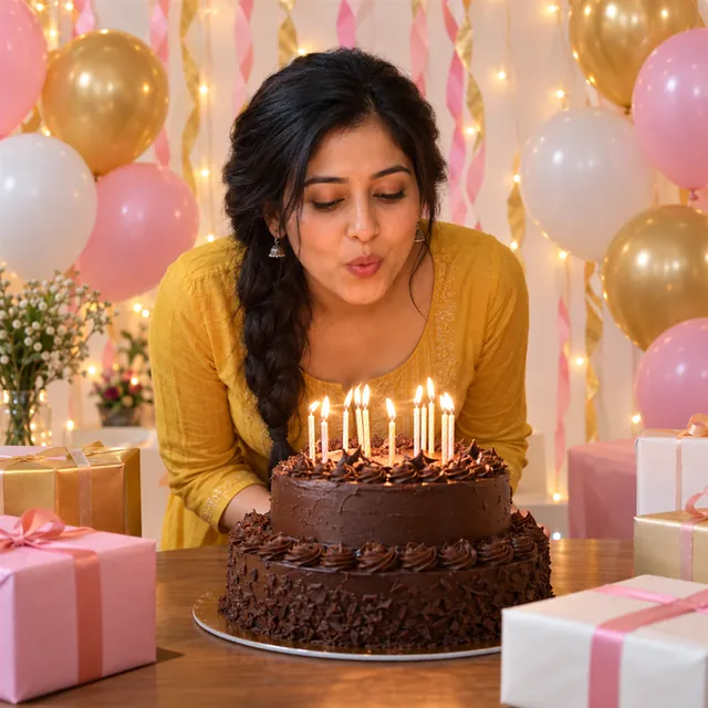 Woman in a mustard kurta blowing out candles on a two-tier chocolate cake, with pink and gold balloons and gifts
