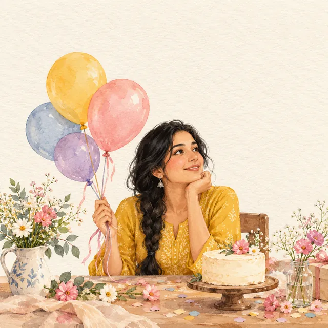Watercolour of a woman in a mustard kurta with pastel balloons, flowers and a cake, empty space above