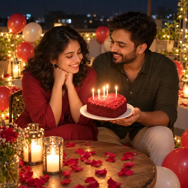 An Indian couple sitting close on a rooftop at night at a small table with a heart-shaped red velvet cake and candles.