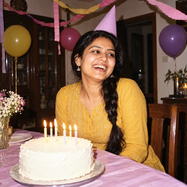 A young Indian woman mid-laugh wearing a paper party hat, harsh on-camera flash, crepe-paper streamers and a homemade.