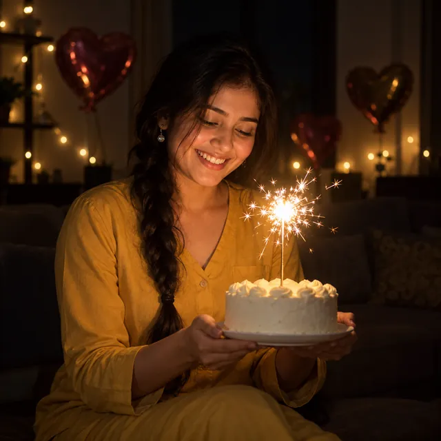 A young Indian woman in a dark living room at midnight, holding a small round cake with a lit sparkler candle that.