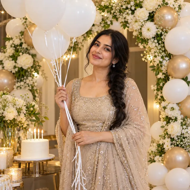 Woman in a champagne outfit holding white balloons beside a floral balloon arch and a white cake