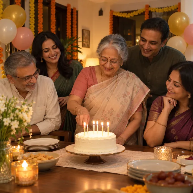Grey-haired woman in glasses and a saree cutting a candle-lit cake as family smile around the dinner table