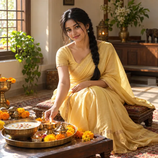 Woman in a yellow silk saree lighting a diya beside a brass thali with kheer and marigolds in morning light