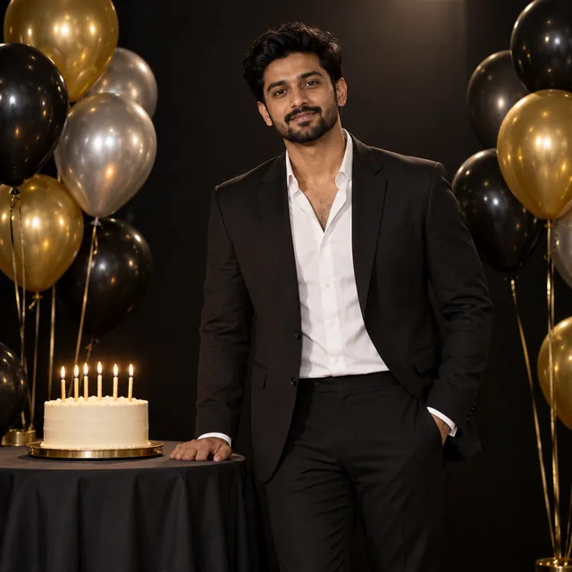 Bearded man in a black suit and white shirt beside a candle-lit cake, with black, silver and gold balloons