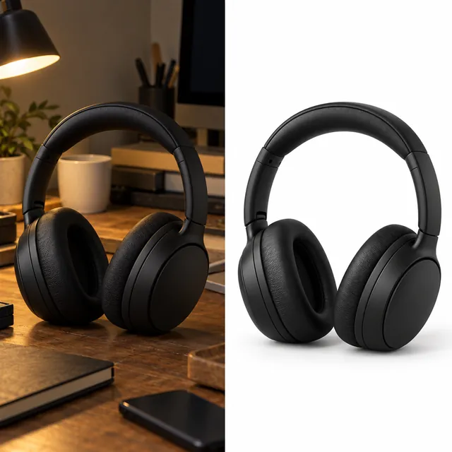 Split image of the same headphones: a dull snapshot on a cluttered desk on the left, a clean studio shot on the right