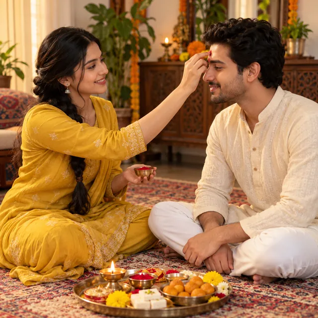 Young Indian woman in a mustard kurta applying a red tilak to a man in a cream kurta, with a thali of sweets and a diya