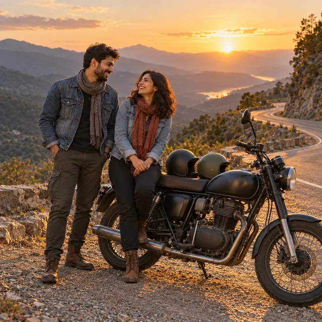 Couple in denim jackets and scarves laughing beside a black motorcycle on a mountain road at sunset