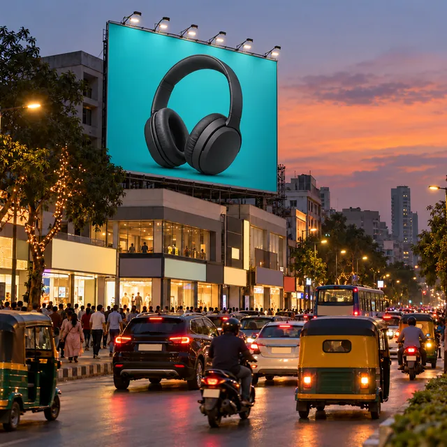 An Indian city street at dusk with a large rooftop billboard showing matte-black headphones on a teal background