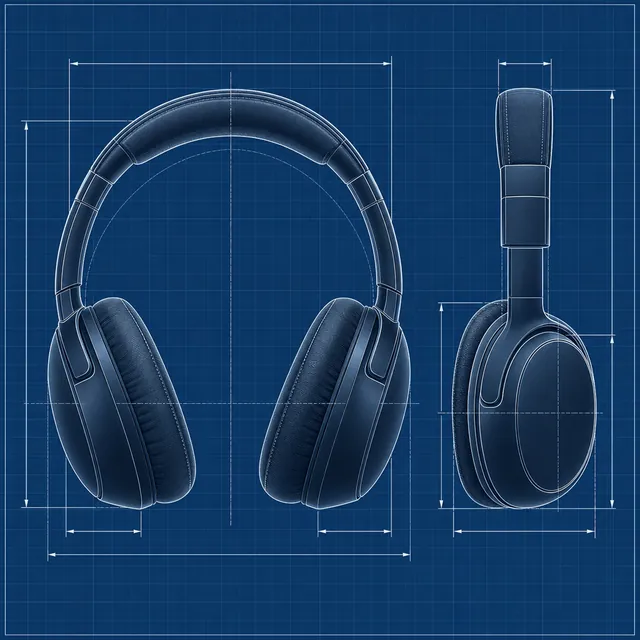 White line drawing of wireless headphones in front and side views on a blue blueprint grid