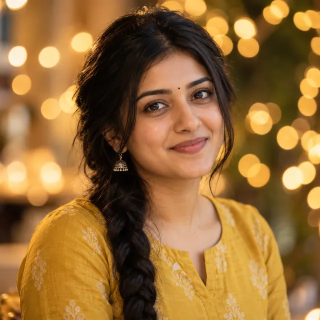 Young Indian woman in a mustard kurta smiling, with soft golden fairy-light bokeh circles behind her