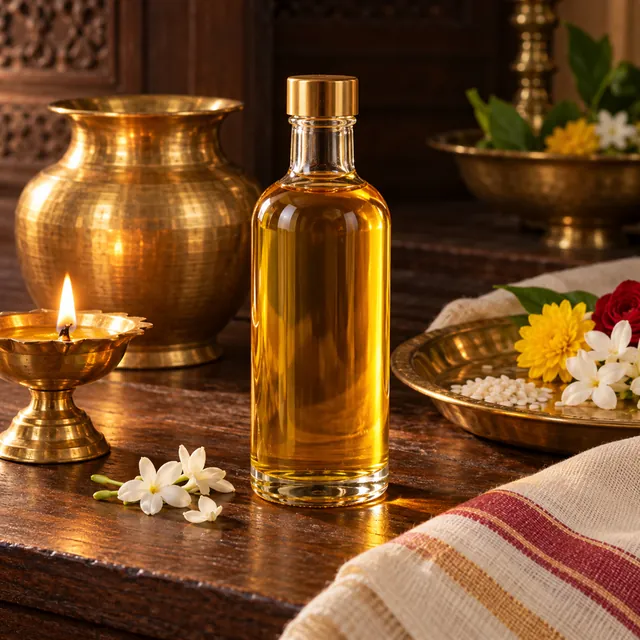 Glass bottle of golden oil on dark wood with a lit brass diya, a brass lota and a thali with rice and flowers