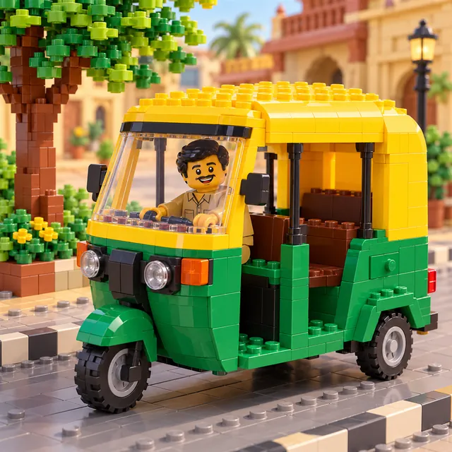 Yellow-and-green auto-rickshaw built from plastic toy bricks, with a smiling toy driver and a brick-built tree