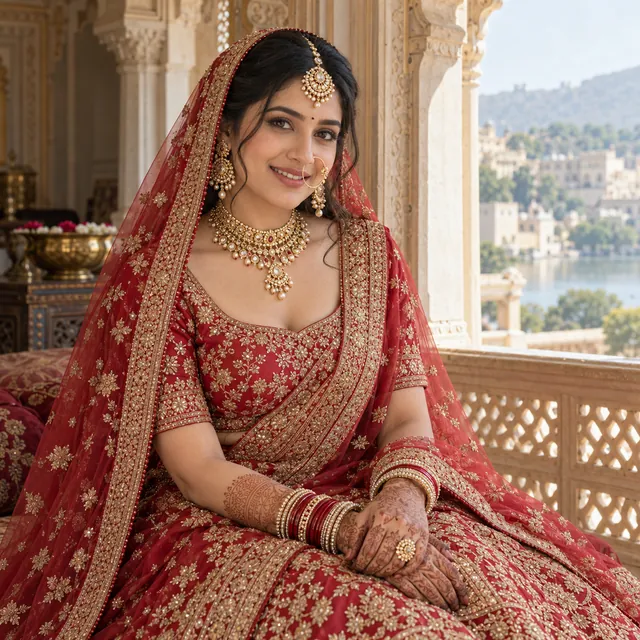 Bride in a red and gold lehenga with a sheer dupatta, maang tikka, nath and mehendi, seated by a palace window