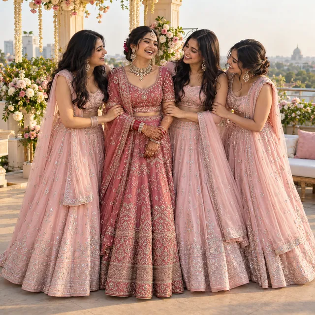 Four smiling women in pink lehengas on a flower-decked terrace, the bride among them in a deeper rose lehenga