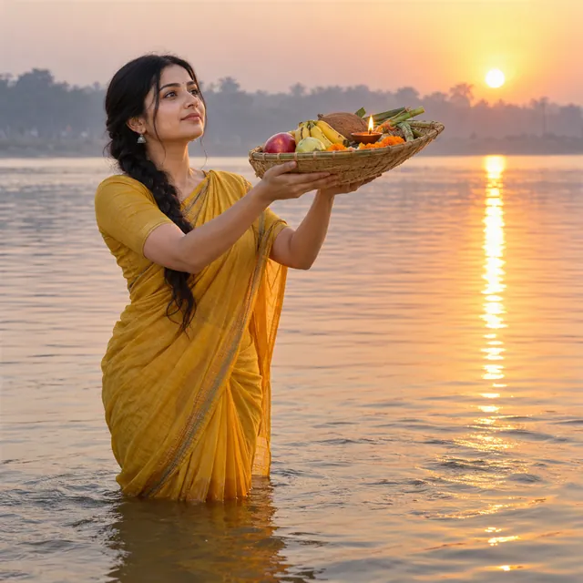 Young Indian woman in a yellow saree standing in a river at sunrise, holding up a bamboo basket of fruit with a lit diya