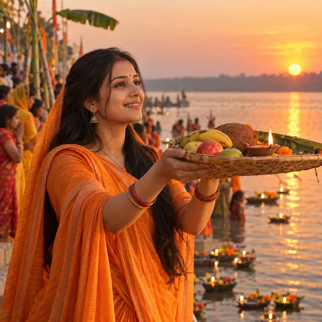 Woman in an orange saree holding a bamboo soop of fruit and a diya toward the setting sun at a river ghat with floating lamps