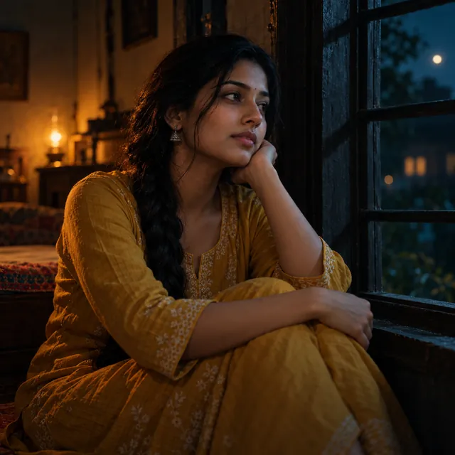 Young Indian woman in a mustard kurta sitting by a window at night, chin on her hand, in warm moody lamplight