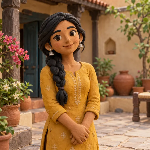 Clay stop-motion figure of a young Indian woman in a mustard kurta standing in a small handmade clay set