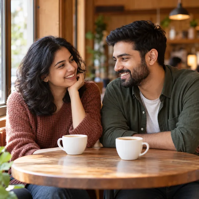 Indian couple smiling over two cups of coffee at a round wooden café table by a window