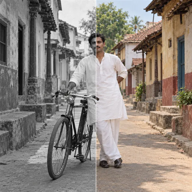 Split photo of a man in a white kurta with a bicycle in an old lane, black-and-white on the left and in colour on the right