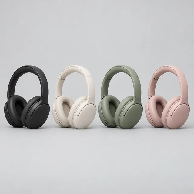 The same over-ear headphones in black, cream, sage green and dusty pink, in a row on a light-grey background