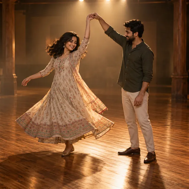 Indian couple dancing in an empty wooden-floored hall, she twirling in a flowing dress under his raised arm