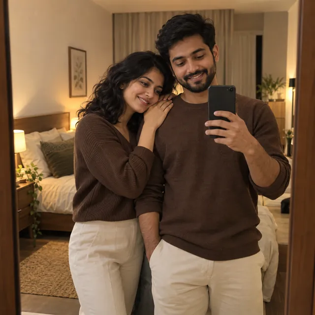 Couple in matching brown sweaters and cream trousers taking a mirror selfie in a warmly lit bedroom