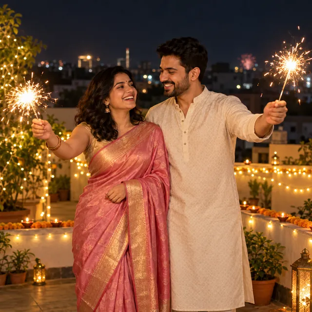 Couple laughing on a Diwali terrace holding lit sparklers, she in a pink silk saree and he in a cream kurta