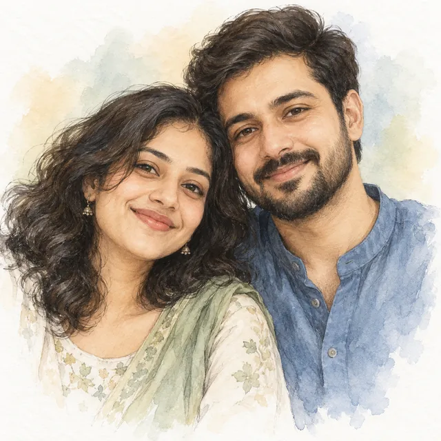 Pencil-and-watercolour sketch of a smiling Indian couple, head and shoulders, with soft washes fading into white paper